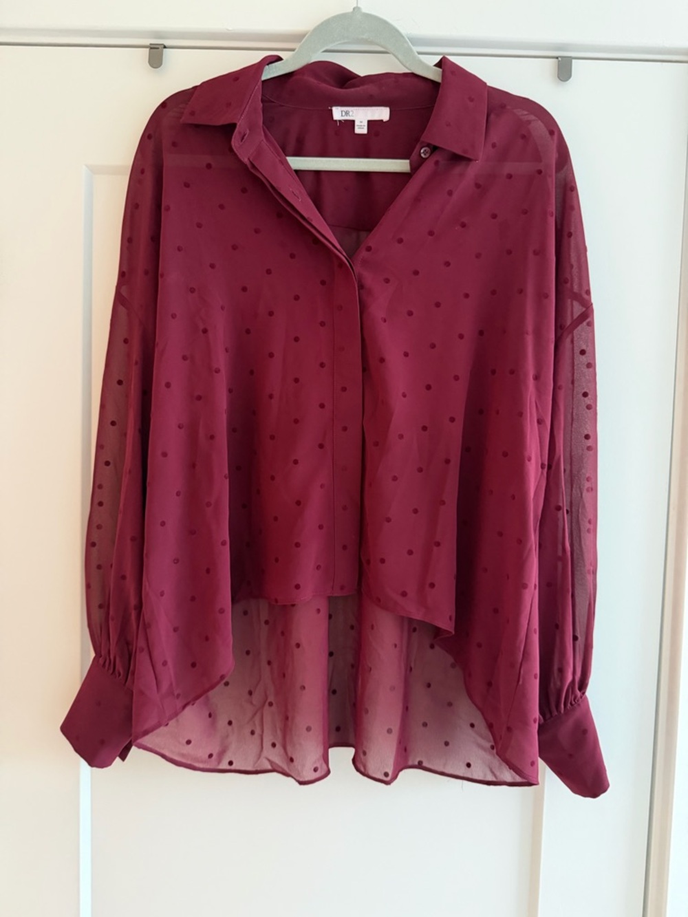 DR2 Wine Sheer Polka Dot Button-Up Blouse